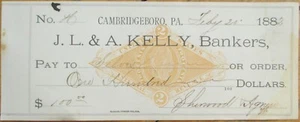 Cheque bancario Cambridgeboro, PA 1883, ingresos impresos Pennsylvania Penn - Imagen 1 de 1