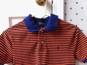 Polo Ralph Lauren blu arancione a righe cotone maglia media M 10-12 $55 ragazzo - Foto 1 di 20