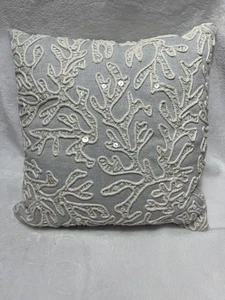 Pottery Barn Light Aqua White Coral Embroidered Beaded Pillow 10x10 Beachy Boho - Picture 1 of 11