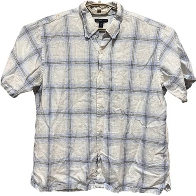 Camisa Van Heusen Lino Rayón XL Azul Blanco A Cuadros Abotonada Mangas Cortas MANCHAS Foto 1 de 4