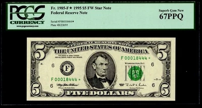 1995 $5 FRN ATLANTA FR: 1985-F*. PCGS: 67 PPQ. LOW RUN RARE GRADE FANCY LOW S/N. - Image 1 of 4