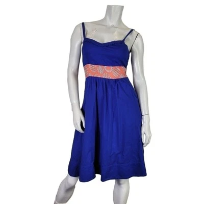 Anthropologie Edme & Esyllte Talla 4 Azul Naranja Algodón Seda Línea A Bolsillos de Verano Foto 1 de 4