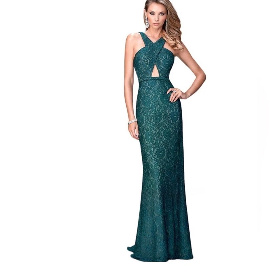 La Femme Green Cut Out Long Lace Dress Formal Gown Prom Size 6 #22614 $498 - Image 1 of 4