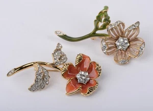 Nolan Miller Signed Enamel & Rhinestone Flower Brooches Pins (Set of 2) - Picture 1 of 13