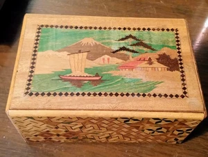 Vintage Japanese Yosegi Inlaid Wood Puzzle Box Mt. Fuji Marquetry 1940's Drawer - Picture 1 of 21