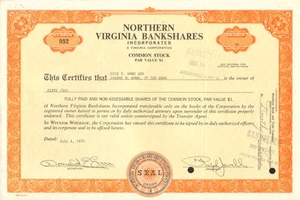 Northern Virginia Bankshares 1973 certificado de acciones bancarias acciones scripophily - Imagen 1 de 1