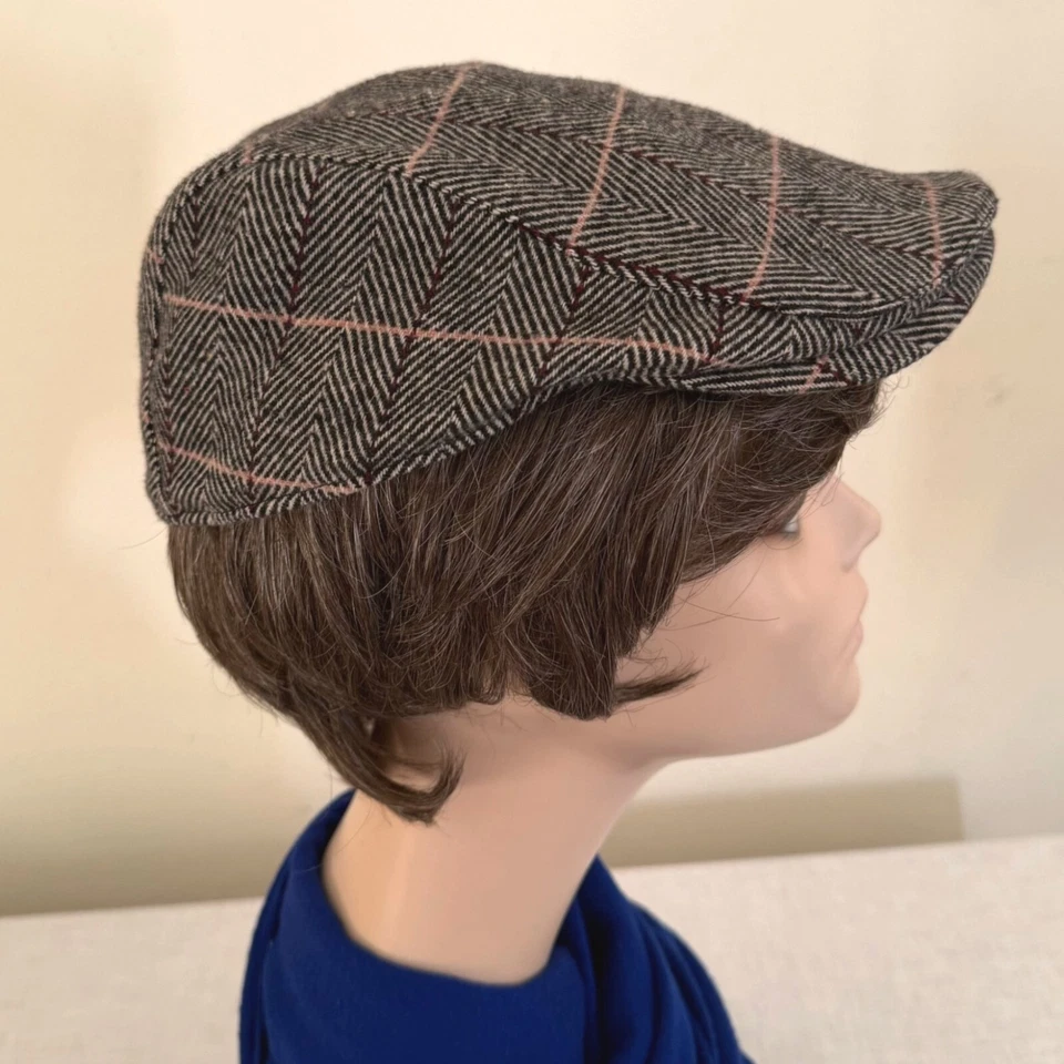 Gorra plana de lana gris a cuadros con patrón de espiga grande hecha a mano para hombre Newsboy Foto 1 de 4