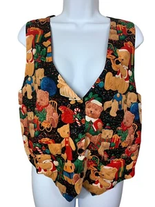 Vintage Womens Vest Medium Teddy Bears Button Christmas Saddle River Black Back - Picture 1 of 10