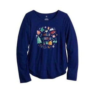 Girls Med Size 8 Long Sleeve Graphic Tee Shirt Hello Winter Blue New *CUTE* - Picture 1 of 1
