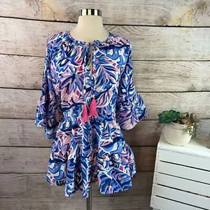 Simply Southern Leaf Gather Blouse XL Short Sleeve Round Neck Multicolor - Picture 1 of 8