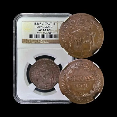ITALY. 1836, 1 Baiocco - NGC MS63 - Papal States, Gregory XVI, Rome - Image 1 of 4