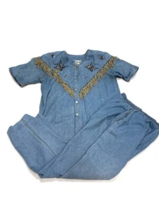 Vintage Monique Fashions Denim 14 Gem Studded leather fringe Set 80s - Picture 1 of 22