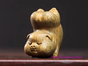 2*2.7*3.3CM Hand Carved Green Sandalwood Netsuke: Cute Zodiac Pig 翘屁猪 - Picture 1 of 4