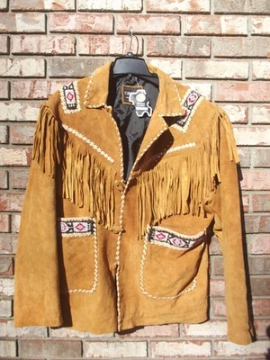 美洲原住民麂皮绒皮革尺寸 2XL 夹克流苏和珠子牛仔西部 — 第 1/4 张图片