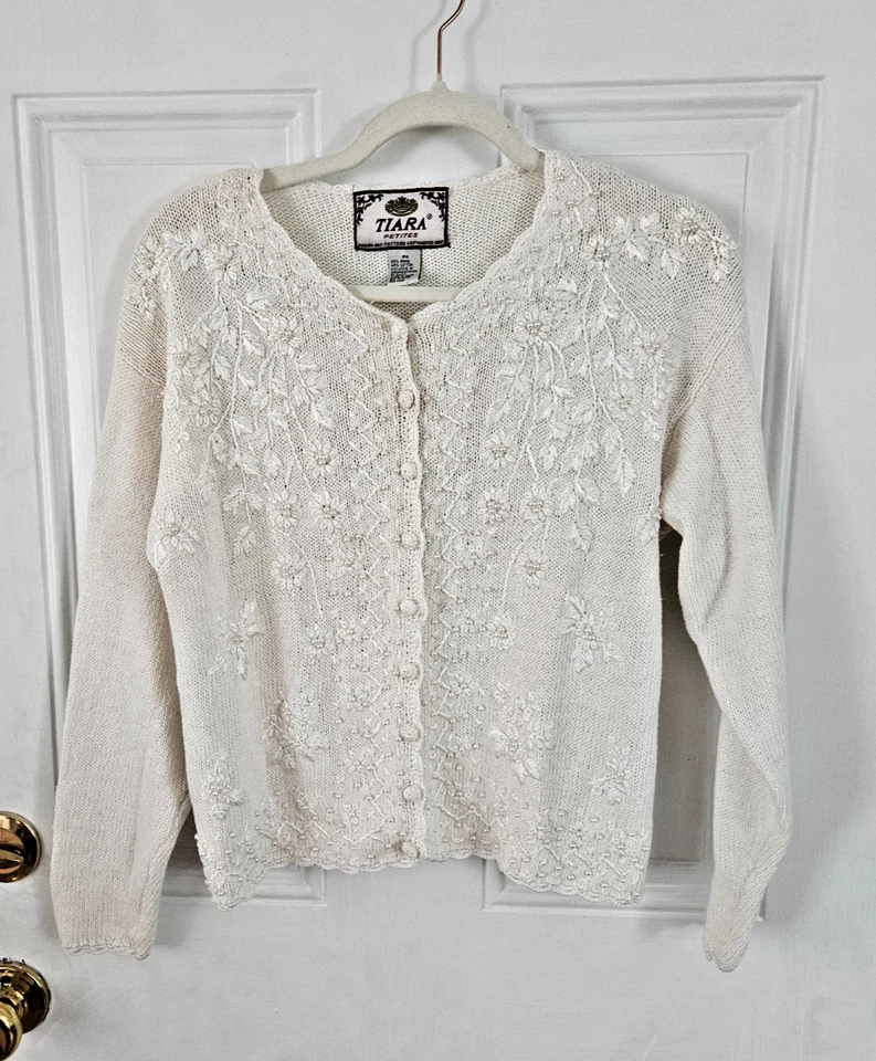 Tiara Petites Vintage Blanco Cuentas Floral Bordado Patrón Talla M Cottagecore Foto 1 de 4