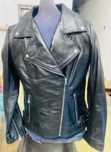 Classic Biker Style Black REAL Leather Ladies Leather Jacket Women's Jacket Xl - Picture 1 of 4
