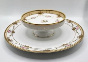 VTG Nippon Tiered Cheese Crackers Dish Handpainted Pink Roses Gold Trim Flowers - Picture 1 of 10