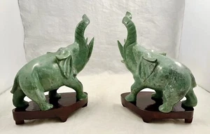 Pair Chinese Carved Jade Elephants on Polished Wood Stands ~ Good Luck! - Picture 1 of 8