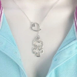 Autism Awareness Silver Puzzle Piece Lariat Style Y Necklace. - Picture 1 of 6
