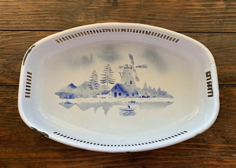 Vintage French Enamel Bread or Fruit Basket with Dutch Windmill Scene in Blue Cover