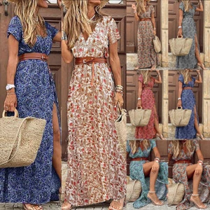 Womens V Neck Boho Floral Maxi Dress Summer Short Sleeve Beach Holiday Sundress - Picture 1 of 18