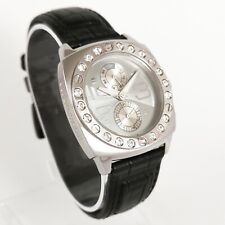 Dyrberg/Kern Black Leather Strap Diamonds Quartz Women's Wrist Watch