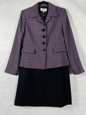 Le Suit 2PC 裙子套装女式 10 紫色黑色西装纽扣长袖斜纹布 — 第 1/4 张图片