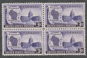 US. 957. 3c. Wisconsin Statehood, 100th ANNIV.. Issue. 4er Block. postfrisch. 1948 - Bild 1 von 1
