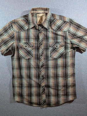 Coastal Shirt Mens Large Gray Orange Blue Plaid Short Sleeve Western Snap Front - Image 1 of 4