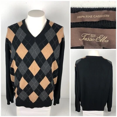 Suéter Tasso Elba Para Hombres XL Cachemira Fina Patrón Diamante Negro Multicolor Usado en Excelente Condición Foto 1 de 4