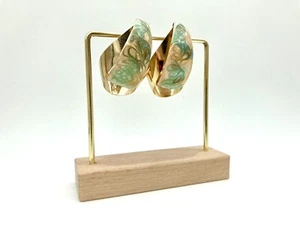 Vintage Twisted Metal Statement Earrings - Gold Tone - Marbled Green Enamel - Picture 1 of 6