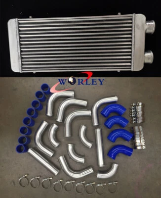 Universal FMIC Intercooler 600x300x76mm DUAL TWIN PASS 3" 76mm +BLUE piping kit - Image 1 of 4