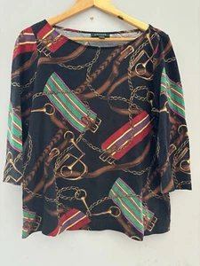 Vintage Lauren Ralph Lauren Gold Chain Print Shirt Womens Boatneck 90s Sz L - Picture 1 of 12