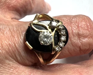 Fabulous Antique 14k yellow Gold Ring Onyx Cab Detailed with MANY Diamonds 5.75 - Picture 1 of 22