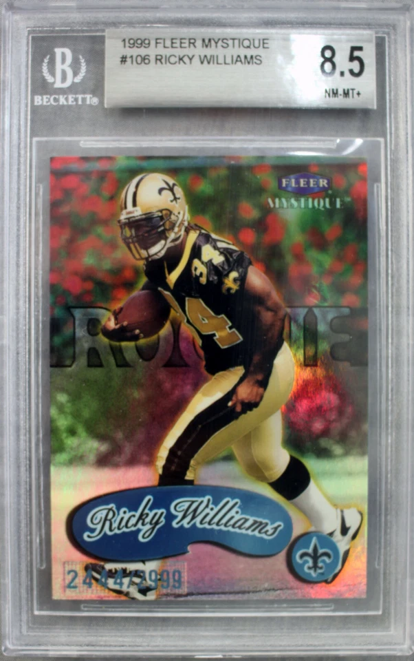 Tarjeta Fleer Mystique de Ricky Williams Texas Saints Rookie 1999 #106 BGS 8,5 #/2999 Foto 1 de 2