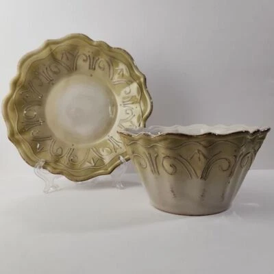 Tabletops Unlimited Mazzaluna Green Brown Hand Painted Plate and Bowl - Image 1 of 4