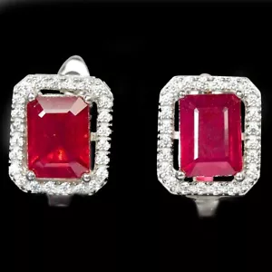 925 STERLING SILVER DROP EARRING GENUINE BLOOD RED RUBY OCTAGON & WHITE CZ - Picture 1 of 6