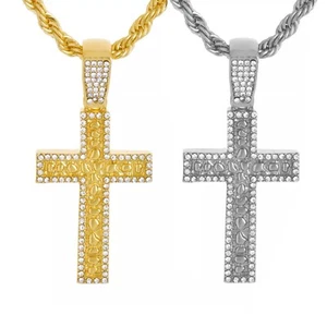 Nugget Cross Cubic Zirconia Bling Iced Pendant & 24" Rope Chain Hip Hop Necklace - Picture 1 of 13