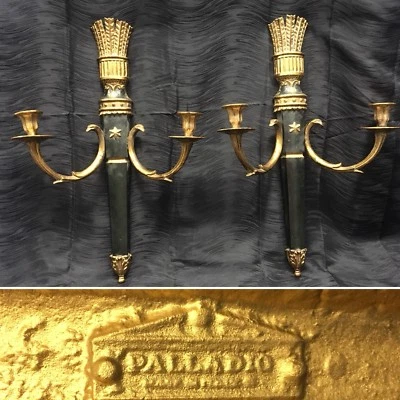 Raro Palladio Italiano Estilo Neoclásico Temático Aljaba Pareja de Apliques de Pared Dorados Foto 1 de 4