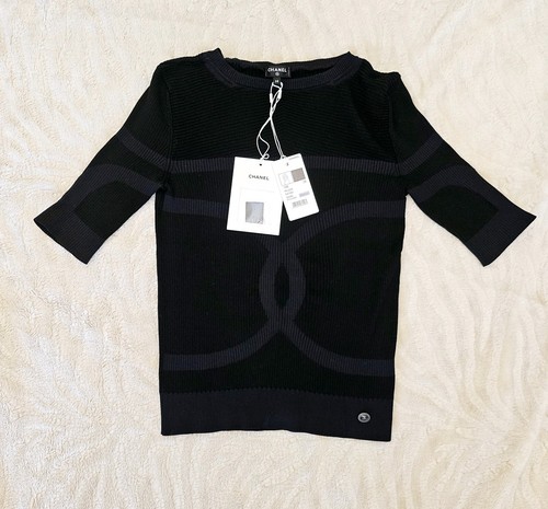 Maglione nuovo con etichette CHANEL 2019 19B CC in maglia a costine di seta nero marino FR 38 US 6