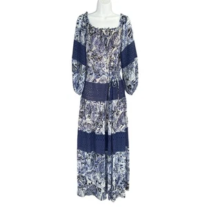 BCBG MAXAZRIA Maxikleid blau weiß Paisley Häkeleinsätze Bindeband Taille Gr. XS - Bild 1 von 12