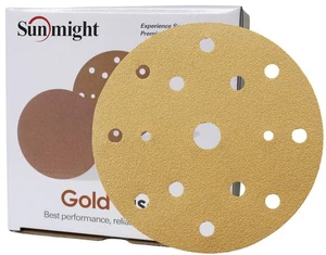 SANDING DISCS 15 HOLES - 100/BOX SUNMIGHT 150mm GOLD D.A 6" - Picture 1 of 3