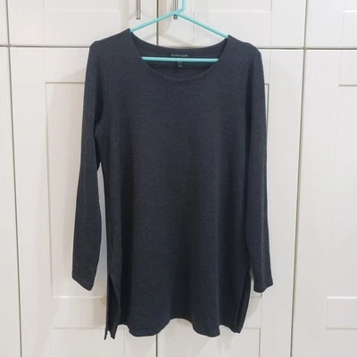 Eileen Fisher Sz S 100% Wool Tunic Top Side Vents Dark Grey Long Sleeve - Image 1 of 4
