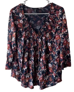 Blusa donna Lucky Brand floreale manica 3/4 M marrone increspato scollo a V LEGGI - Foto 1 di 11