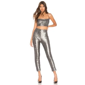 Revolve Superdown Charlie Sz Medium Silver Sequin Skinny Leg High Rise Pants NWT - Picture 1 of 13