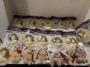 Semi Vintage Framed Porcelain Doll Head Ornaments & Small Teddy Bears Lot - Picture 1 of 13