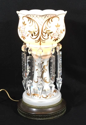 Mantle German Luster Lamp Working Condition 16 1/4" Tall Floral Design Gold Trim - Image 1 of 4