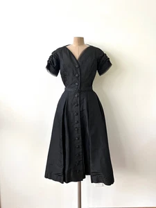 Vintage Black Silk Tea Length Evening Dress Chiffon Trim Formal Party sz S M - Picture 1 of 12