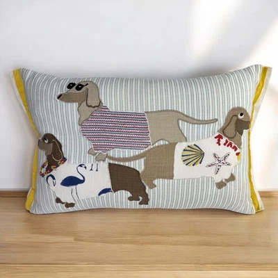 Pier 1 Throw Pillow Dachshunds Embroidered Patchwork Nautical Decor Dogs Lover - Image 1 of 4