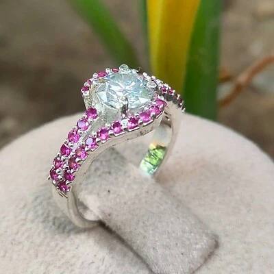 Сертифицированное женское кольцо с натуральным синим и розовым бриллиантом VVS1 1 карат из серебра 925 пробы - Изображение 1 из 4